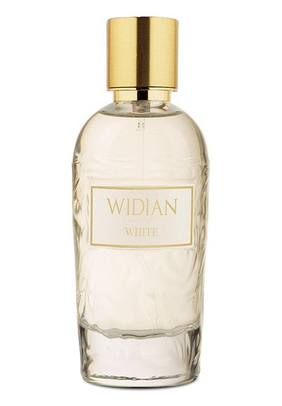 The Widian "White" perfume comes in a clear glass bottle featuring a gold cap and a white label embellished with gold text. This elegant fragrance exudes ethereal lusciousness by blending the sophisticated essence of white rose with the allure of sensual white musk.