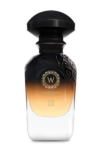 A glass bottle of Widian Black Collection III perfume, known as Black III Parfum, with a gradient from black at the top to clear at the bottom, featuring a black cap and gold logo on the front. This rejuvenating fragrance boasts leather and dry wood heart notes for a sophisticated touch.