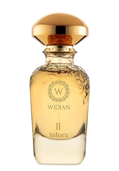 A bottle of Widian Gold II Sahara Parfum, adorned with a golden cap and intricate design near the top. The label elegantly displays "WIDIAN" and "Gold II Sahara" in black text.