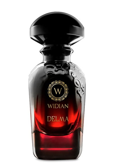 Behold the Delma Velvet Collection Eau de Parfum by Widian. This exquisitely designed bottle transitions from black to dark red, adorned with a gold emblem displaying the brand "Widian" and the collection name "Delma". It captures a sweet floral fragrance in its most delicate form.