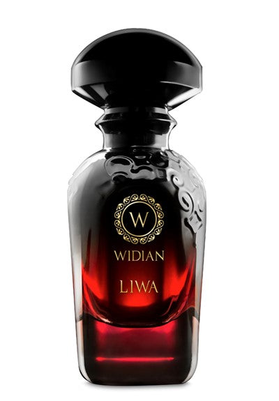A glass bottle of Liwa Velvet Collection by Widian, featuring a gradient design that transitions from dark red at the base to almost black at the top, with a black cap and gold lettering. This perfume captures the essence of Arabian tales with its exquisite floral amber scent.