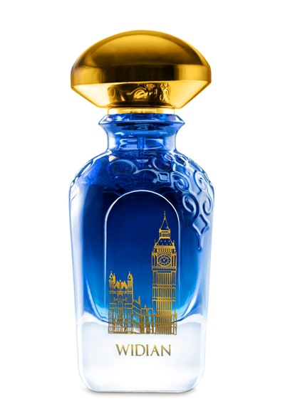 A perfume bottle with a blue gradient and golden cap, featuring an illustration of Big Ben and the Houses of Parliament, labeled "Widian London Sapphire Collection." This luxurious scent weaves a rich leather fragrance into its East-meets-West theme.