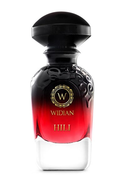 A bottle of Widian's Hili Velvet Collection Eau de Parfum, showcasing a gradient design from black to red with "Hili" elegantly inscribed in gold and topped with a sleek black cap, exudes sophistication with its creamy coconut milk undertones and floral heart.