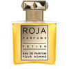 A clear bottle of Roja Parfums Fetish Parfum Pour Homme 50ml with a gold cap and label containing text. This leather fragrance embodies a sensual Chypré, blending extreme strength with sophistication.