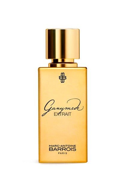 A gold bottle of Ganymede Extrait by Marc Antoine, with "Marc Antoine Paris" elegantly inscribed below on the front.