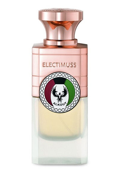 A perfume bottle with a rose gold cap and a label reading "Electimuss." The bottle, part of their limited editions, showcases a central emblem featuring an eagle logo and the word "Alkout.