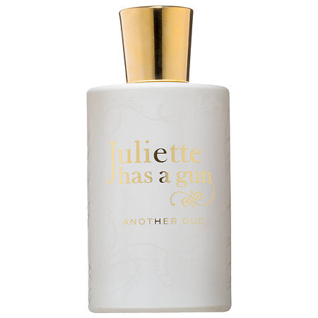 A white bottle with a gold cap labeled "Juliette Has A Gun" and "Another Oud" in gold text, featuring an elegant woody composition.