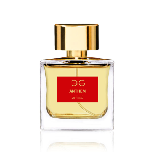 A glass perfume bottle with a gold cap and a red label that reads "Anthem Manos Gerakinis," featuring Greek painter packaging and crafted with plant-based alcohol for a fresh oriental fragrance.