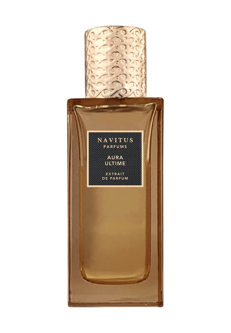 A rectangular bottle of AURA ULTIME by Navitus Parfums, crafted by master perfumer Jorge Lee, features a textured gold cap and a dark label on the front, perfectly capturing its aromatic aspects.