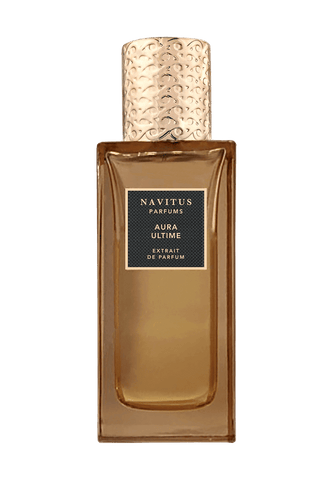 A rectangular bottle of AURA ULTIME by Navitus Parfums, crafted by master perfumer Jorge Lee, features a textured gold cap and a dark label on the front, perfectly capturing its aromatic aspects.