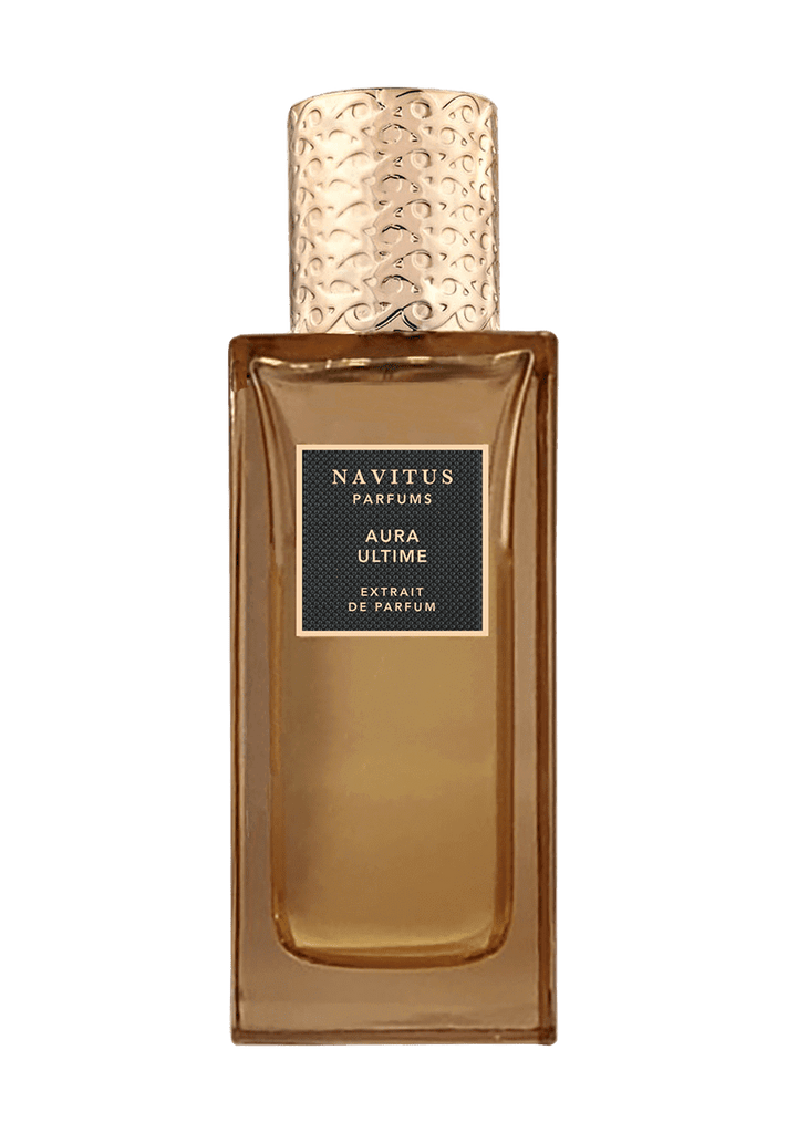 A rectangular bottle of AURA ULTIME by Navitus Parfums, crafted by master perfumer Jorge Lee, features a textured gold cap and a dark label on the front, perfectly capturing its aromatic aspects.