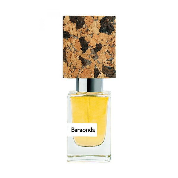 A glass bottle of yellow liquid fragrance labeled "Baraonda" by Nasomatto, featuring a cork-patterned cap.