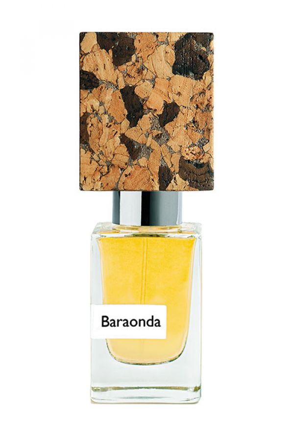 A glass bottle of yellow liquid fragrance labeled "Baraonda" by Nasomatto, featuring a cork-patterned cap.