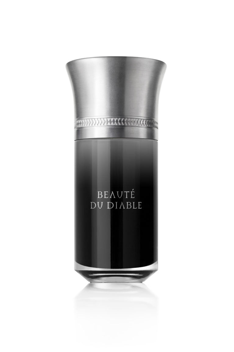 A sleek black perfume bottle with a silver cap, labeled "Beaute Du Diable," crafted by the renowned brand Liquides Imaginaires.