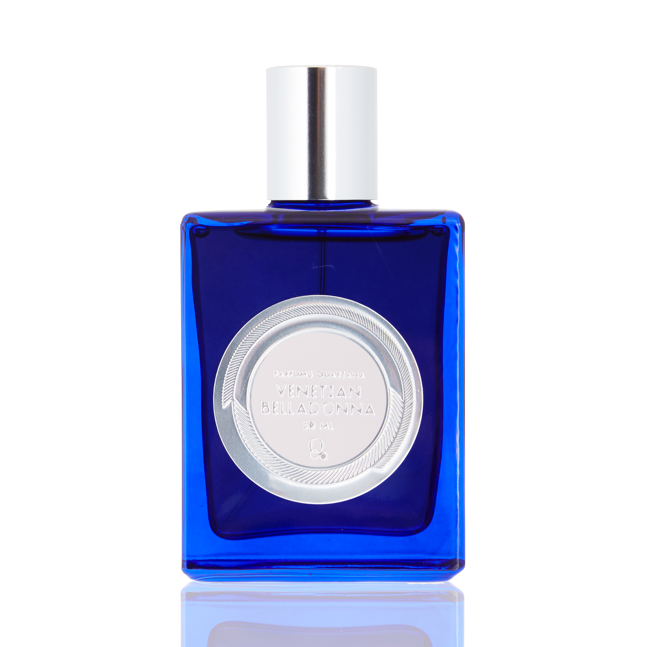 A blue rectangular perfume bottle with a silver cap and a round silver label on the front, designed to evoke the essence of Belladonna in an enchanting Eau de Parfum, known as Venetian Belladonna by Parfums Quartana.