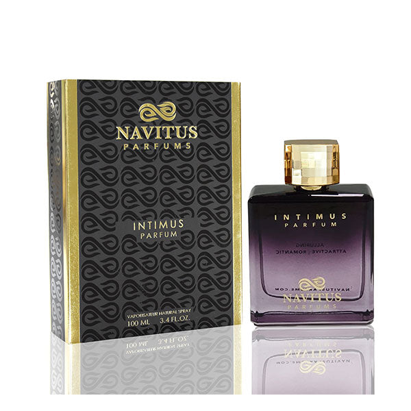 Image of Intimus by Navitus Parfums. The romantic fragrance housed in this square bottle with a golden cap offers 100 ml of allure. The packaging, predominantly black with gold accents and branding, whispers the timeless message: Amour Vincit Omnia.