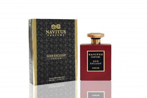 Soir Exclusif perfume bottle with gold cap and matching decorative gift box