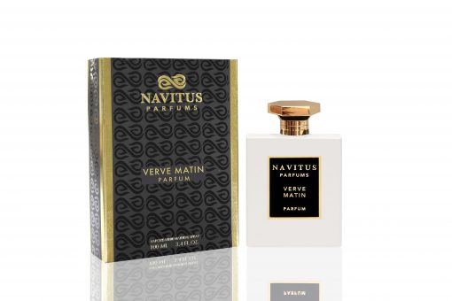 A bottle of Verve Matin by Navitus Parfums sits gracefully beside its luxurious packaging box, both showcasing a sophisticated dark design with gold accents. Crafted by Master Perfumer Bertrand Duchaufour, indulge in the invigorating scent of Verve Matin.