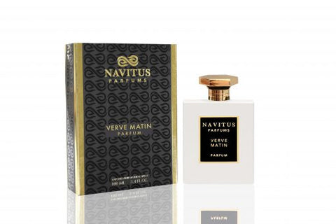 A bottle of Verve Matin by Navitus Parfums sits gracefully beside its luxurious packaging box, both showcasing a sophisticated dark design with gold accents. Crafted by Master Perfumer Bertrand Duchaufour, indulge in the invigorating scent of Verve Matin.