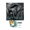 Advertisement for Jusbox's "Black Powder" fragrance. The image features a black and white close-up of a person's face and a perfume bottle placed below the text, capturing the rebellious spirit of Generation X.