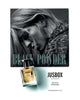 Advertisement for Jusbox's "Black Powder" fragrance. The image features a black and white close-up of a person's face and a perfume bottle placed below the text, capturing the rebellious spirit of Generation X.