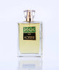 A bottle of Bon Monsieur perfume by Rogue Perfumery, a quintessential Gentlemen's fragrance, featuring a clear rectangular design with a gold and green label and a transparent square cap, set against a plain white background.