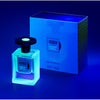 A Jusbox Cheeky Smile perfume bottle is elegantly positioned in front of its fluorescent packaging, with the scene enhanced by a blue lighting effect.