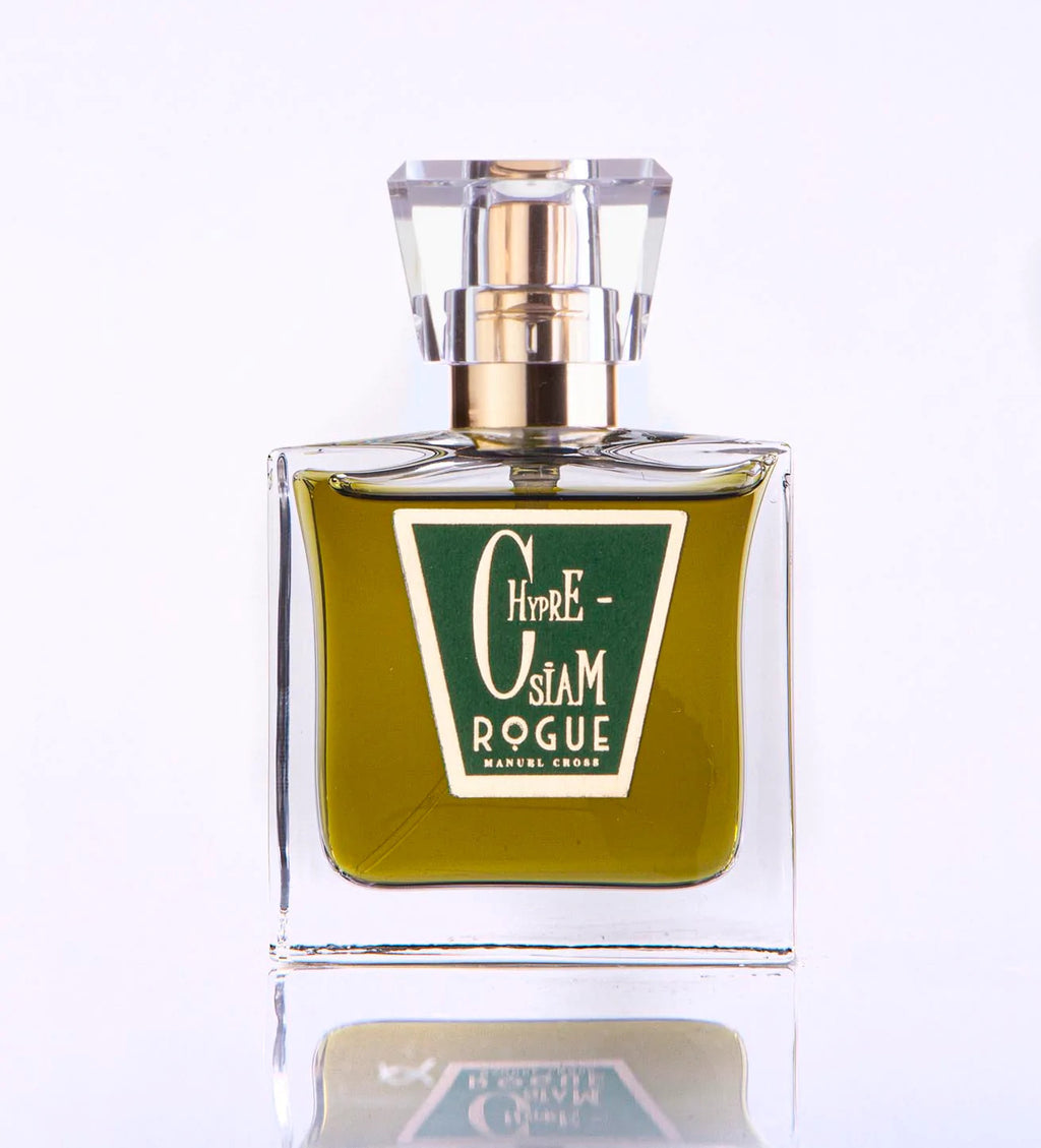 A square glass perfume bottle filled with a green liquid labeled "Chypre-Siam Rogue Perfumery" featuring a clear, faceted cap on a white background, highlighting the oakmoss notes in this classic chypre fragrance.