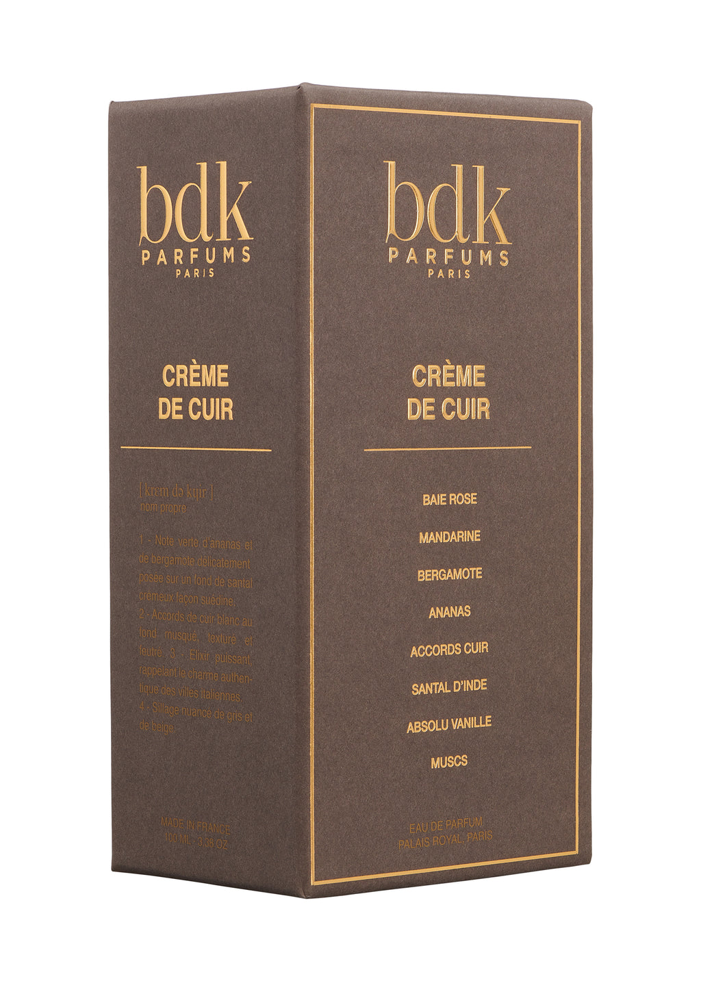 A brown box with gold text displaying "BDK PARFUMS PARIS" and the perfume name "Crème de Cuir." Exuding contemporary sensuality, its listed ingredients include baie rose, mandarine, bergamot, and more.