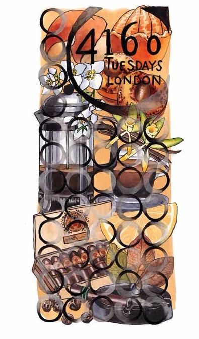 A collage features the text "4160Tuesdays Dark Heart of Old Havana" with images of flowers, coffee beans, a coffee maker, chocolates, and a hint of Eau de Parfum for that extra touch of elegance.