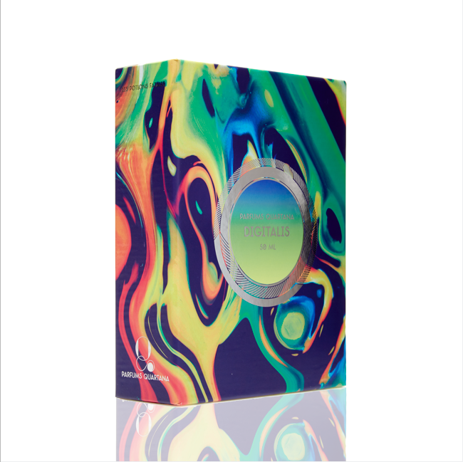 A vibrant product box featuring abstract swirl patterns and a circular transparent window displaying "Digitalis 50 ml" on the front, embodying the essence of an ozonic fragrance from Parfums Quartana.