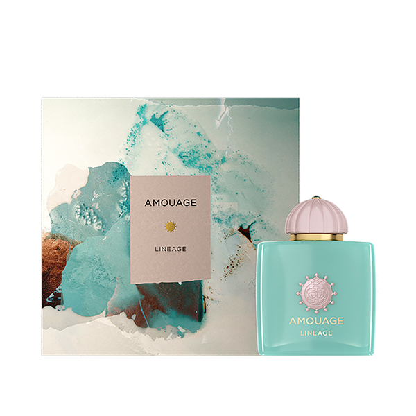A turquoise perfume bottle labeled "LINEAGE" by Amouage is displayed in front of its packaging, which features abstract artwork and the same label, hinting at the mineral and aquatic essence within.