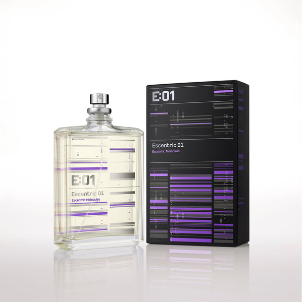 Escentric 01 Eau de Parfum set: clear glass bottle with silver cap and black box