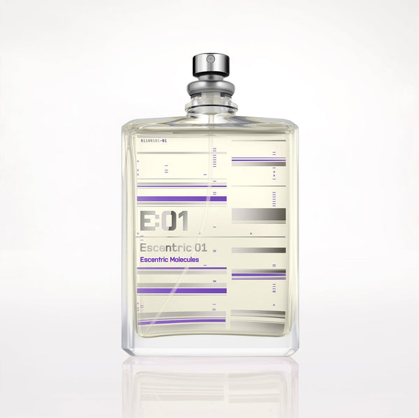 Escentric 01 Eau de Parfum bottle, clear glass with E01 graphic and silver cap
