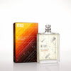 Clear glass bottle labeled "Escentric 02" with matching orange and red gradient packaging box beside it against a white background, promising super-longlasting freshness thanks to its signature Ambroxan blend. Escentric 02 by Escentric Molecules embodies this unique fragrance experience.
