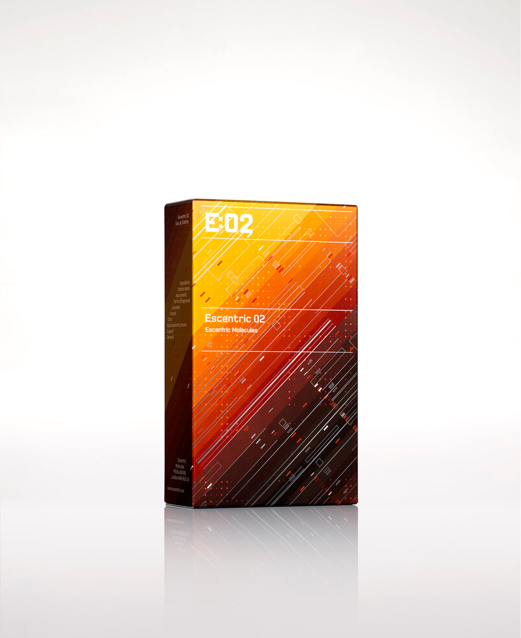 A cube-shaped, colorful box labeled "Escentric Molecules Escentric 02" boasts intricate orange, red, and yellow abstract designs with white text. Infused with Ambroxan for super-long-lasting freshness, this artful packaging promises a sensory journey like no other.