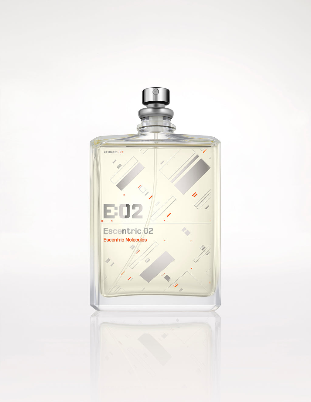A clear glass bottle of Escentric 02 by Escentric Molecules, featuring geometric designs on the front, a silver spray nozzle on top, and infused with Ambroxan for super-longlasting freshness.