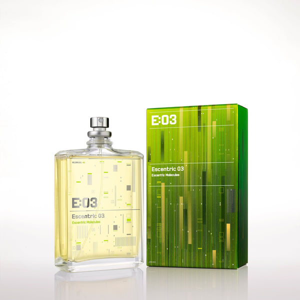 Perfume bottle with silver cap and clear yellow liquid, paired with green E03 box.