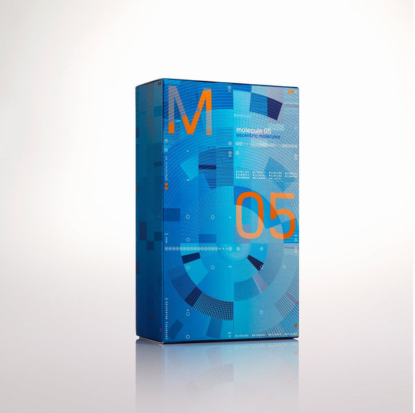 Blue fragrance box with 'M' and '05' graphic design