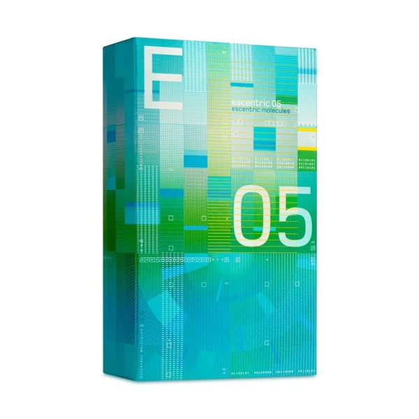 Teal patterned perfume box with large 05 and electronic-style graphics