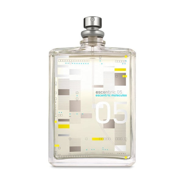 Clear glass perfume bottle with silver cap and minimalist label