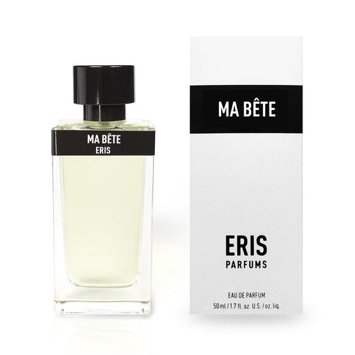 Ma Bête by Eris Parfums is presented in a rectangular bottle with a black cap and label. The white box features matching branding and label details. This eau de parfum blends Tunisian Neroli into an animalic cocktail, evoking a unique scent experience.