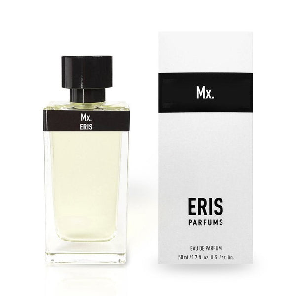 Eau de parfum bottle with pale yellow liquid and black cap, with ERIS box