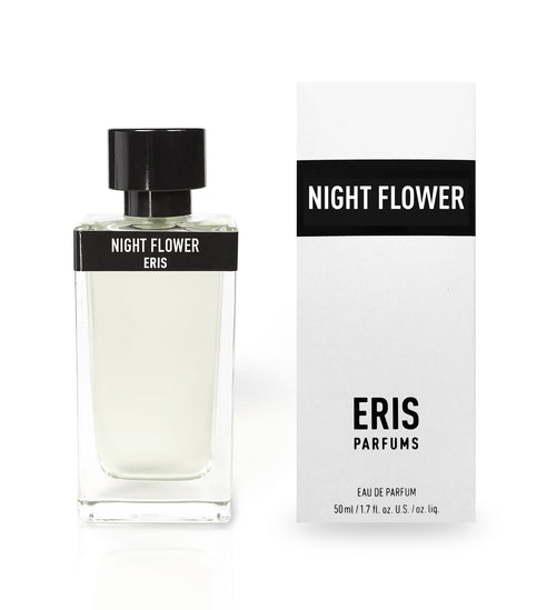 A bottle of "Night Flower" Eau de Parfum by Eris Parfums, positioned beside its white and black box. The bottle, adorned with a black cap and the text "Night Flower Eris" on a black band, contains a sensuous blend of Indian tuberose and animalic leather.
