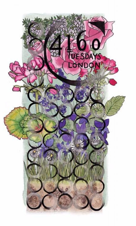 Illustrated flowers with the text "Ealing Green by 4160Tuesdays." Black circles overlay the image in a pattern, evoking the whimsical charm of Shakespeare's A Midsummer Night’s Dream.