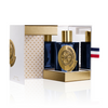 Perfume set in gold-and-blue display box with navy bottle and gold cap