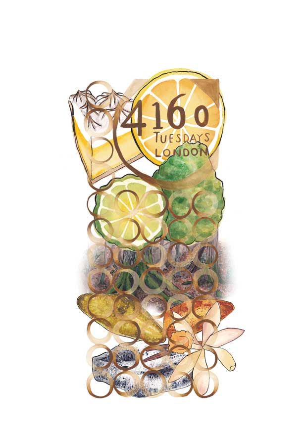 Illustration featuring a mix of citrus slices, green flora, assorted circular patterns, and a white flower with text "4160Tuesdays" set against the background, evoking the vibe of Extra Sexiest Scent on the Planet Ever (IMHO) for any occasion.