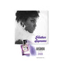 JUSBOX Feather Supreme promotional display with purple perfume bottle and model portrait