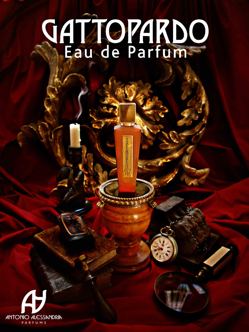 An ornate bottle of Antonio Alessandria's Gattopardo, celebrated for its Sicilian gourmand essence, is displayed against a red draped background alongside a lit candle, a magnifying glass, an old book, and decorative elements.