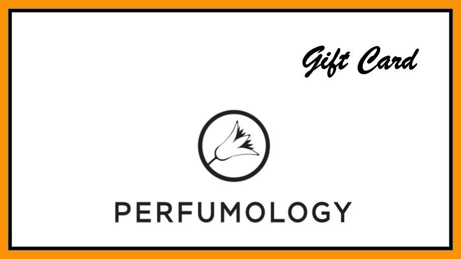 A Perfumology gift card with the title "Gift Card" and the logo of "Perfumology," featuring a stylized flower in a circle. Enjoy no processing fees and redeem instructions are included, making it the perfect present for any fragrance enthusiast.